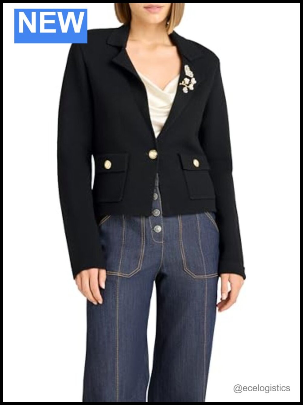 Cropped Knit Long Sleeve Blazer Button Front Wool Blend